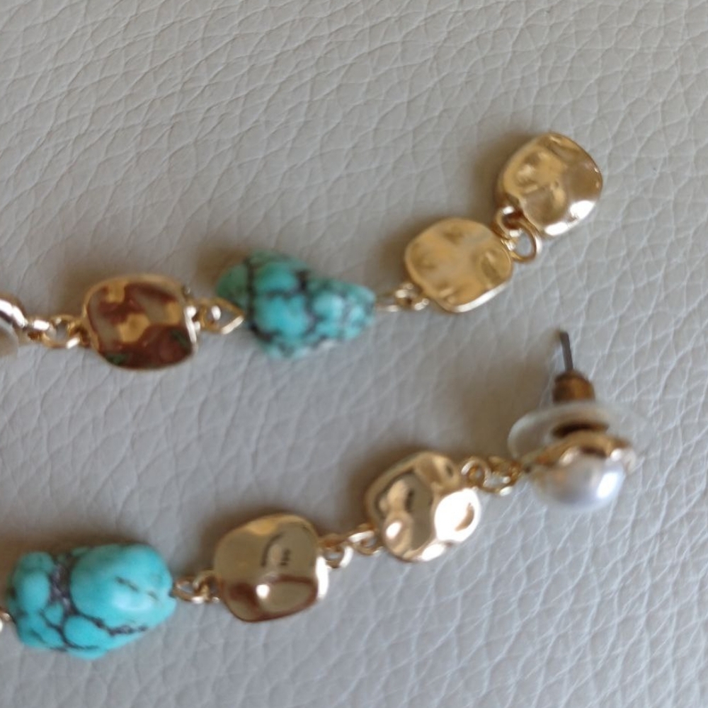Boho Turquoise Gold  Pearls Earrings